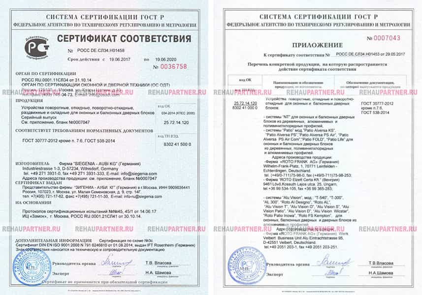 Сертификат соответствия на фурнитуру Siegenia Aubi